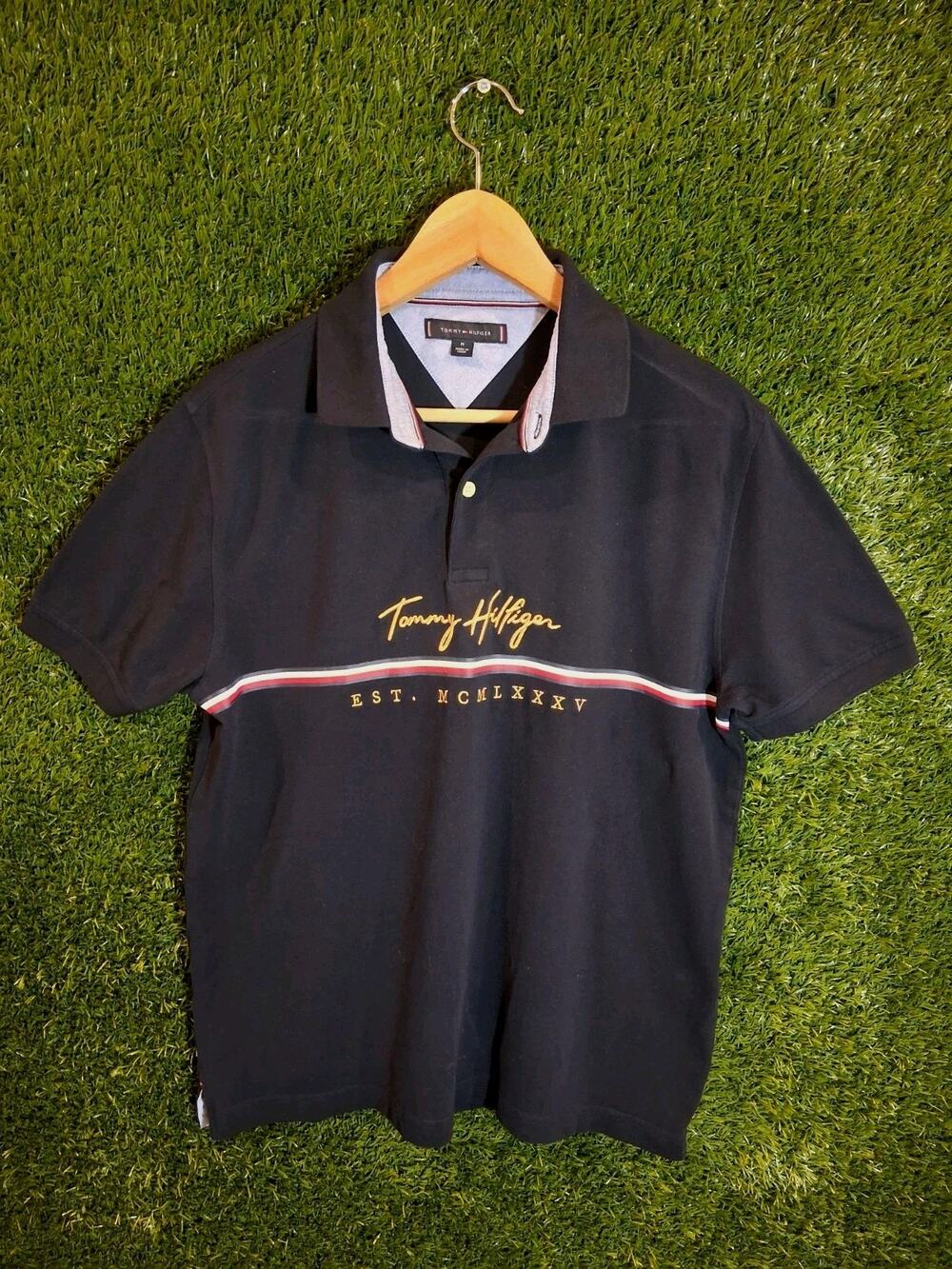 Tommy Hilfiger Men's Polo Shirt Navy Blue Script Logo EST. 1985 Size Medium M